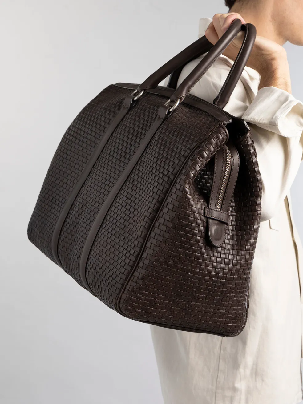 Hot Officine Creative QUENTIN 109 - Brown Woven Leather Weekender DARK BROWN